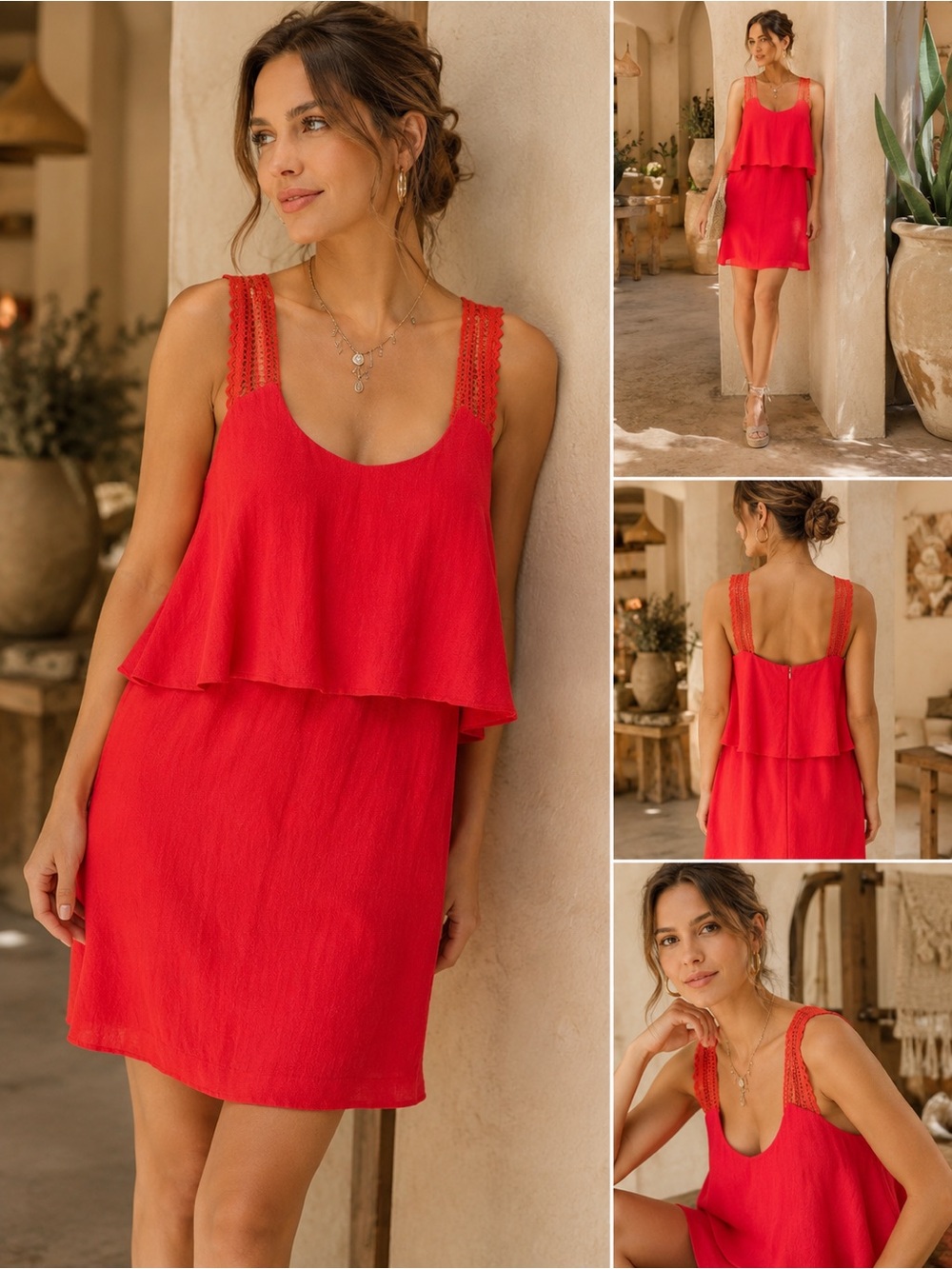 Maeve Anthropologie Tisana Crochet Strap Ruffle Mini Dress Red Size 12